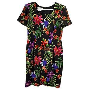 Vintage 90s Maggy London Women’s 10 100% Silk Black Floral Sheath Dress